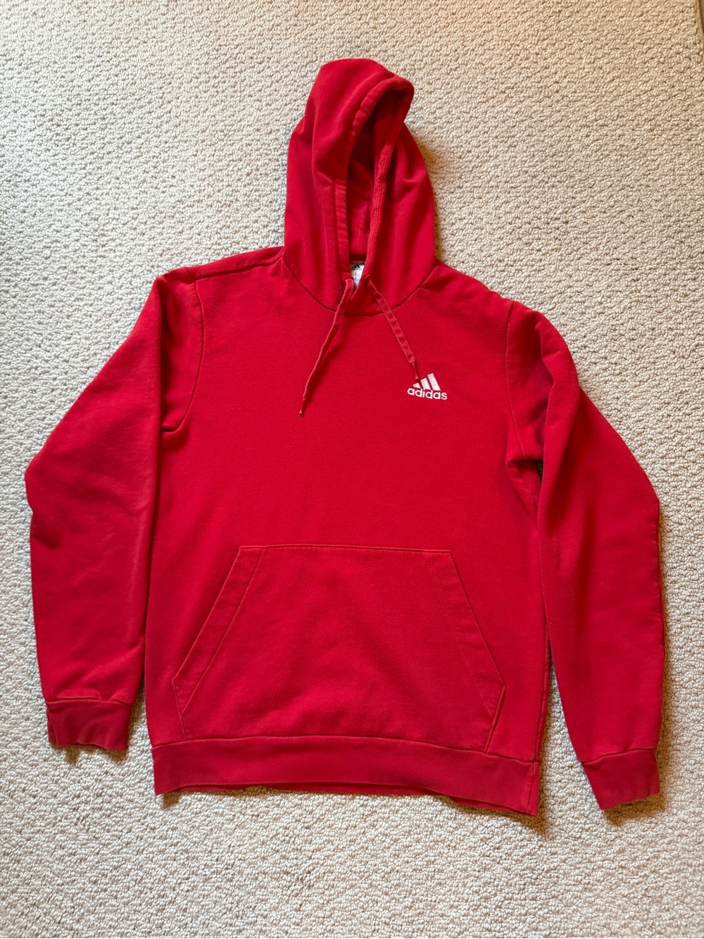 Adidas Men's Red Fleece Pullover Hoodie White Embroidered Logo Size M